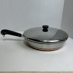 Revere Ware Pre 1968 Double Ring Copper Bottom 12” Skillet Frypan w/ Lid Vintage
